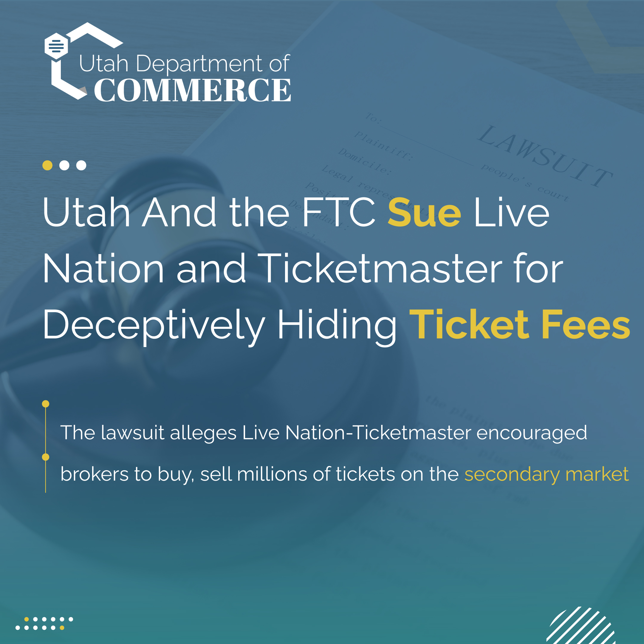 Featured image for “NEWS RELEASE: Utah And the FTC Sue Live Nation and Ticketmaster for Deceptively Hiding Ticket Fees”